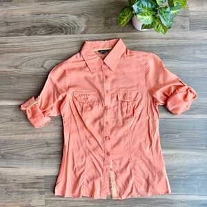 Naked Zebra Coral Roll-Tab Sleeve Cotton Button Down Shirt Blouse Size M